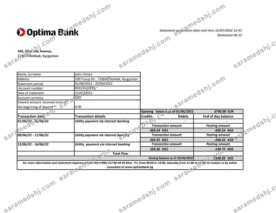 Kyrgyzstan Optima Bank statement xls